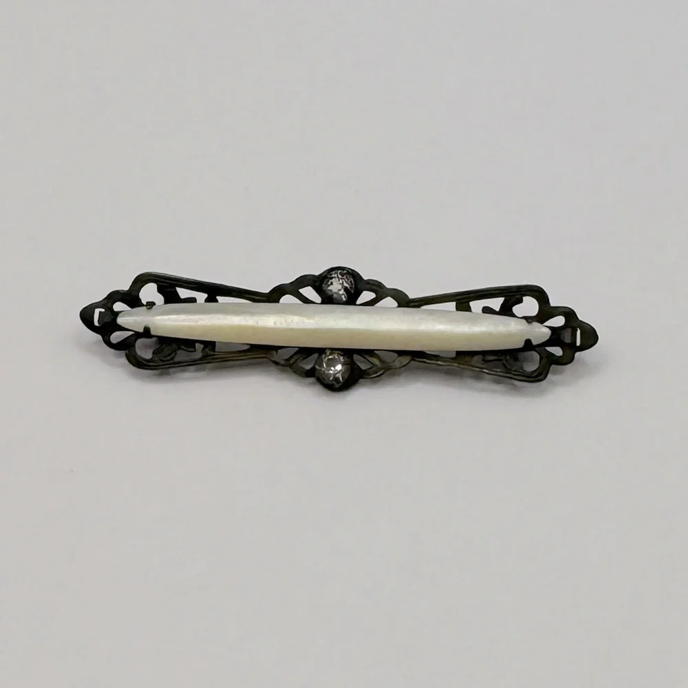 VINTAGE Mother of Pearl & Crystal Bar Brooch